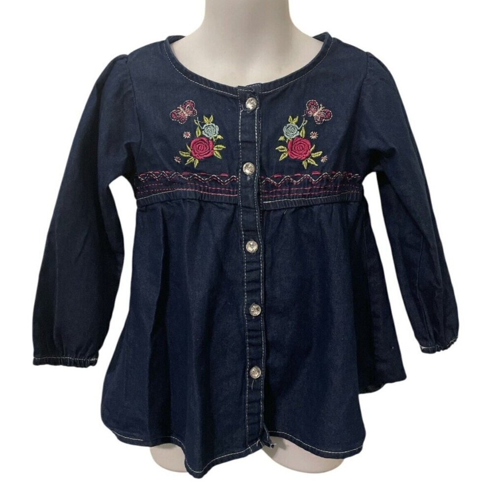 Real Love Girls Button Front Jean Shirt Size 4T Embroidered Flowers Long Sleeve